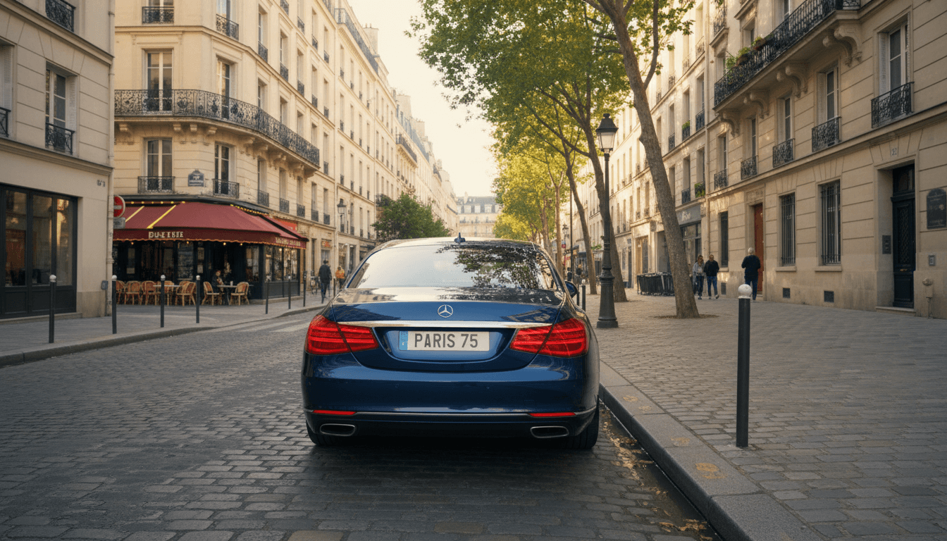 Rear view of a clean sedan parked on a quiet Paris street, soft afternoon light, authentic urban setting