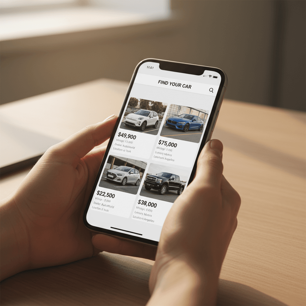 Buyer's hands holding smartphone displaying vehicle listing interface with multiple cars and pricing information
