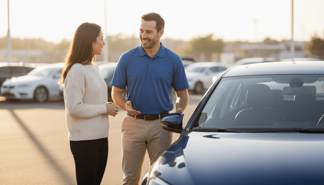 Dealer speaking with customer beside sedan on sunny lot, demonstrating transparent vehicle consultation and approachable service.