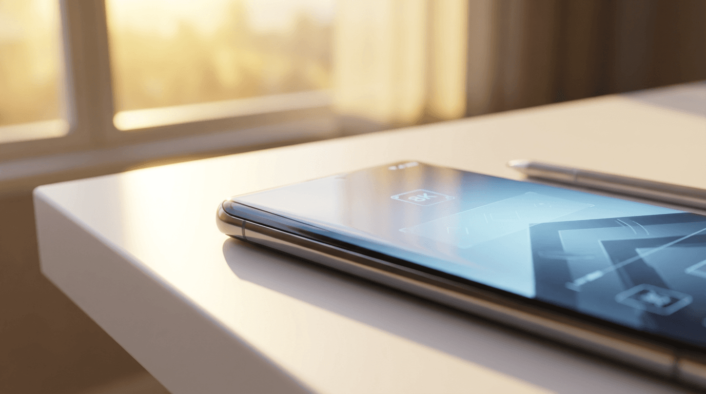 An editorial, slightly desaturated aesthetic medium shot of a person sitting at a modern wooden desk, holding a smartphone with a clear view of a car parked outside a stylish Parisian apartment building through the window behind them.
