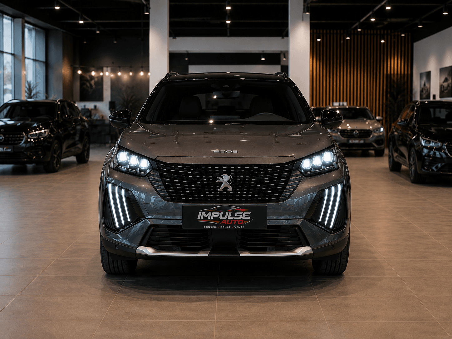 Vue avant d'un SUV Peugeot 2008 gris dans un showroom moderne, phares LED illuminés.