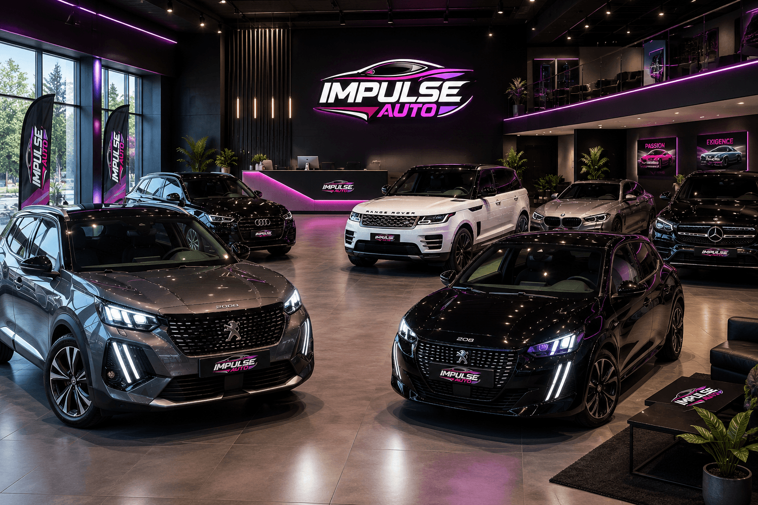Showroom Impulse Auto avec voitures de luxe Peugeot et Range Rover sous néons violets.