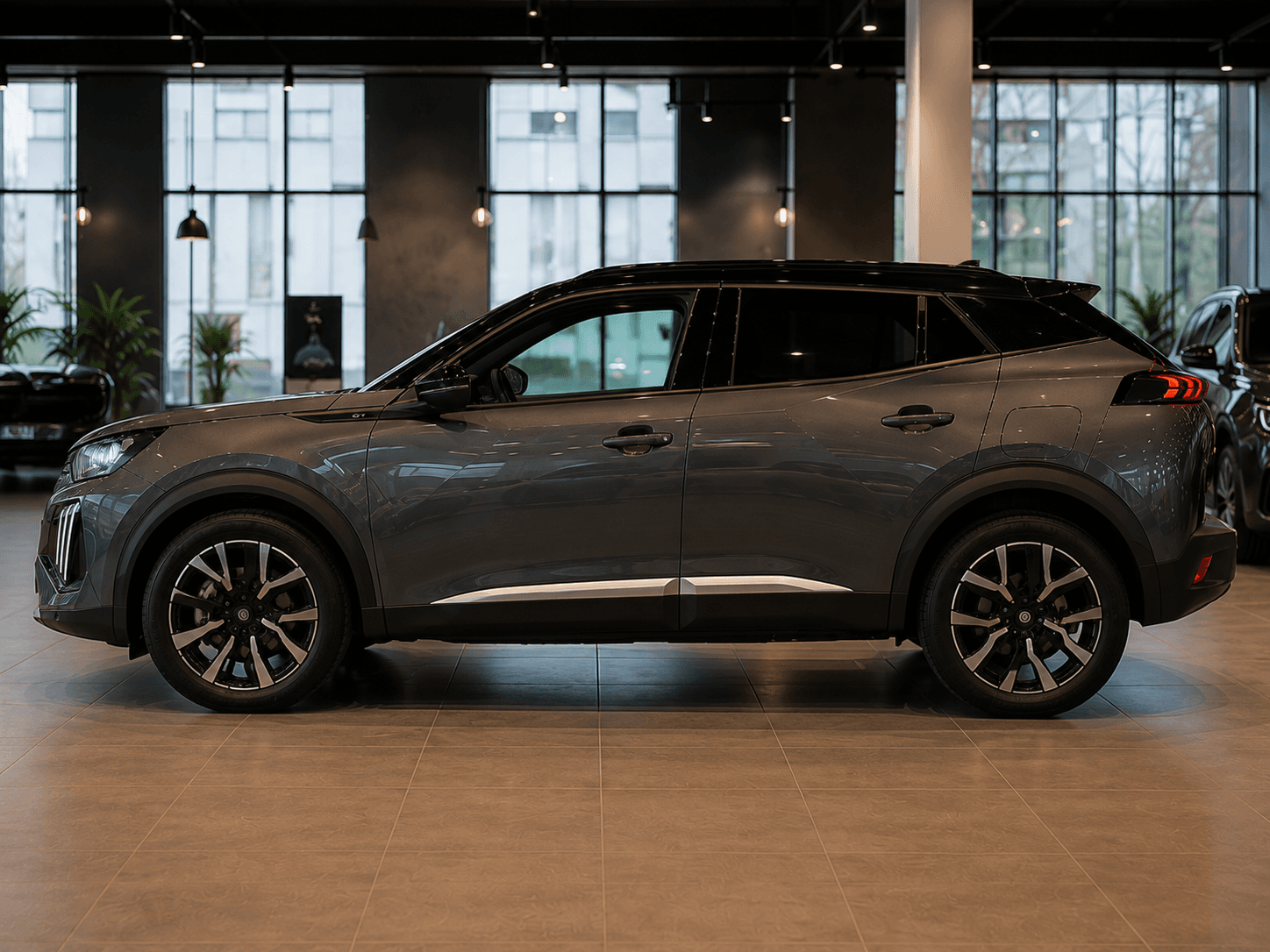 SUV gris métallisé de profil avec toit noir dans une salle d'exposition automobile moderne.
