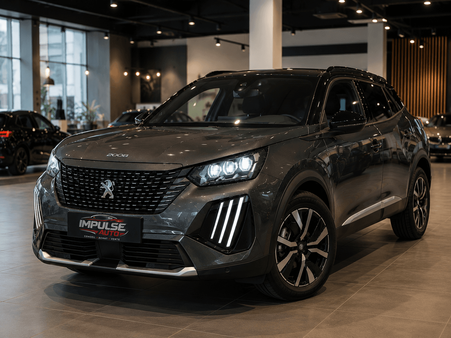 SUV Peugeot 2008 gris foncé exposé dans un showroom automobile moderne aux phares LED allumés.